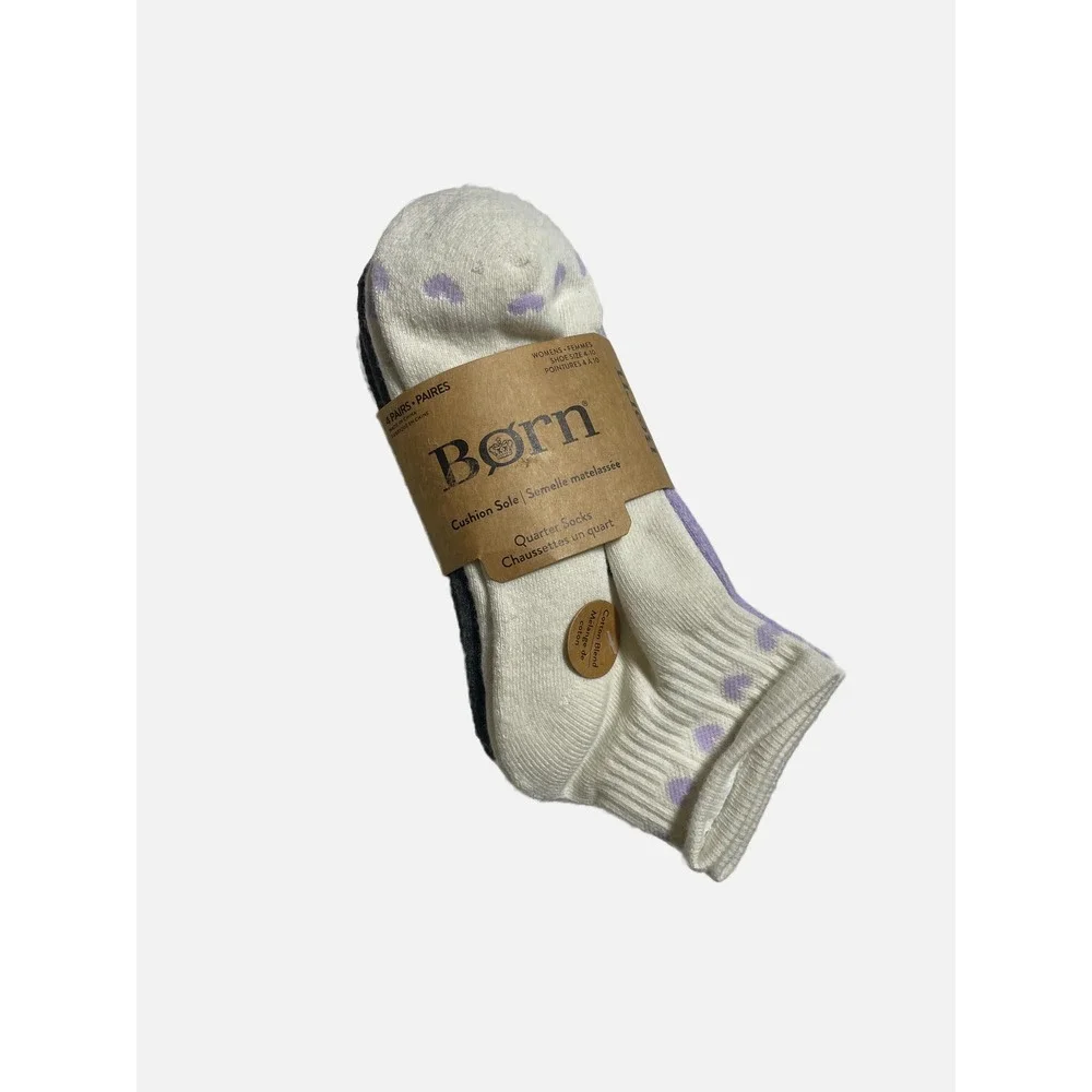 Born Quarter Socks Womens 4-10 Multi Color Heart Cushion Sole Casual 4 Pair Pack